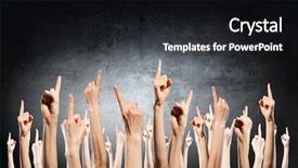  Presentation with rise - Audience pleasing theme consisting of group of people rise hands backdrop and a dark gray colored foreground