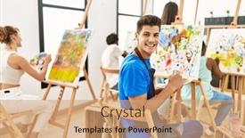  Presentation with group - Slide set featuring group-of-people-smiling-happy background and a coral colored foreground