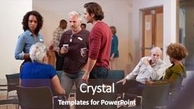  Presentation with community center - Cool new PPT theme with group of people socializing backdrop and a tawny brown colored foreground