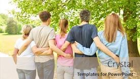 Presentation with nature community - Slides consisting of group-of-people-stand-arm background and a coral colored foreground