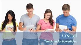  Presentation with tablet - Colorful PPT theme enhanced with group of people using tablet backdrop and a ocean colored foreground