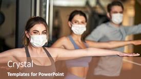  Presentation with masks - Presentation design with group-of-people-wearing-masks background and a coral colored foreground