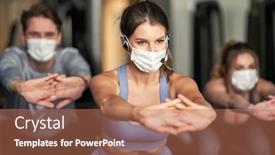  Presentation with masks - Presentation design with group-of-people-wearing-masks background and a coral colored foreground