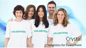  Presentation with blue design - Colorful presentation design enhanced with group of people wearing volunteer tshirt against blue abstract design backdrop and a sky blue colored foreground
