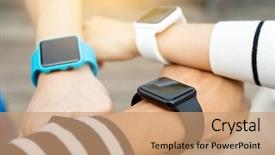  Presentation with smart - PPT theme having group of people wearing with smart watch background and a coral colored foreground