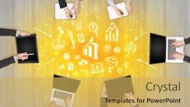  Presentation with people - PPT theme consisting of group of people with devices in hands making reports together on laptop tablet notebook background and a yellow colored foreground