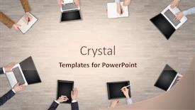  Presentation with group discussion - Amazing PPT layouts having group of people with devices in hands having desk discussion and making reports together on laptop tablet notebook backdrop and a lemonade colored foreground