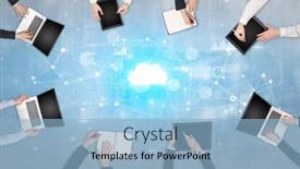  Presentation with cloud technology - PPT theme consisting of group of people with devices background and a light blue colored foreground