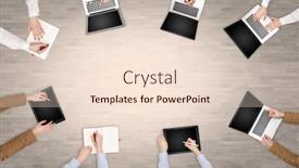  Presentation with group discussion - Audience pleasing PPT layouts consisting of group of people with devices in hands having desk discussion and making reports together on laptop tablet notebook backdrop and a lemonade colored foreground