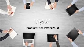  Presentation with group discussion - Audience pleasing slides consisting of group of people with devices in hands having desk discussion and making reports together on laptop tablet notebook backdrop and a white colored foreground