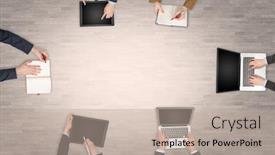  Presentation with group discussion - Colorful PPT theme enhanced with group-of-people-with-devices backdrop and a mint green colored foreground