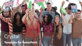  Presentation with group - PPT theme featuring group-of-people-with-flags background and a tawny brown colored foreground