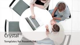  Presentation with round table - Slide deck consisting of group of people with gadgets background and a light gray colored foreground