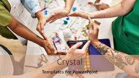  Presentation with art - Presentation theme having group-of-people-with-hands background and a coral colored foreground