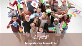  Presentation with international - Cool new presentation theme with group-of-people-with-international backdrop and a coral colored foreground