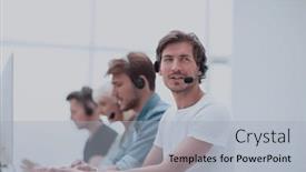  Presentation with personal - PPT theme consisting of group of people in the headset works on personal computers background and a light gray colored foreground