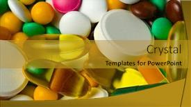  Presentation with medicament - Slide deck featuring group-of-pills-tablets-vitamins background and a gold colored foreground