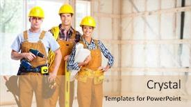  Presentation with angry construction workers - Audience pleasing PPT layouts consisting of group of professional construction workers backdrop and a coral colored foreground