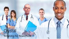  Presentation with ethics in health care - PPT theme featuring group of professional doctors health background and a light blue colored foreground