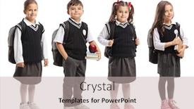  Presentation with school backpacks - PPT theme consisting of group-of-pupils-with-backpacks background and a soft green colored foreground