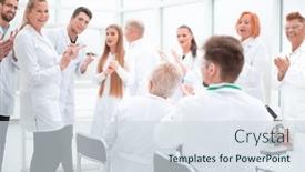  Presentation with new ideas - Cool new slide set with group-of-researchers-discussing-new backdrop and a sky blue colored foreground