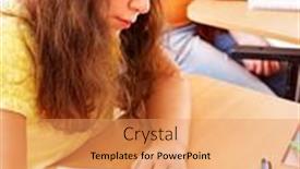  Presentation with school desk - Colorful presentation design enhanced with smiling young patient sitting in dentists chair at the dental clinic backdrop and a light blue colored foreground