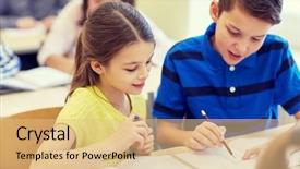  Presentation with school kids - PPT theme consisting of group of school kids writing background and a coral colored foreground