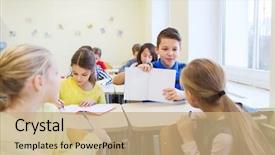  Presentation with school kids - Slide deck featuring group of school kids writing background and a  colored foreground