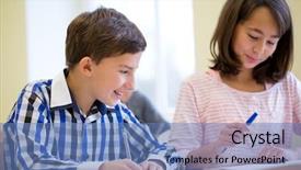  Presentation with school kids - Colorful slide set enhanced with group of school kids writing backdrop and a  colored foreground