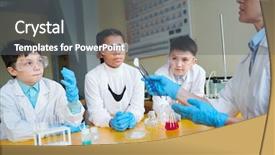  Presentation with chemistry - Slides enhanced with group of schoolkids chemical substance background and a gray colored foreground