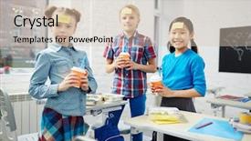  Presentation with group - Colorful presentation theme enhanced with group of schoolkids with notepapers backdrop and a soft green colored foreground