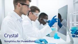  Presentation with laboratory - Audience pleasing presentation design consisting of group of scientists conduct laboratory backdrop and a sky blue colored foreground