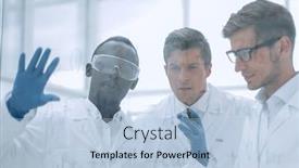  Presentation with glass - Theme having group-of-scientists-consider background and a light blue colored foreground