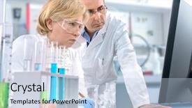  Presentation with medical students - Beautiful presentation theme featuring group of scientists working backdrop and a light blue colored foreground