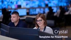  Presentation with cctv - PPT theme having group-of-security-data-center background and a navy blue colored foreground