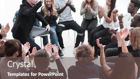  Presentation with circle - Colorful presentation theme enhanced with group-of-seminar-participants-applauds backdrop and a violet colored foreground