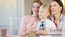  Presentation with females - PPT theme having group of senior and young females and little girl background and a soft green colored foreground