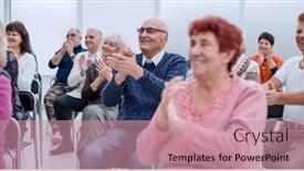  Presentation with conference - Presentation design with group-of-senior-citizens-applaud background and a coral colored foreground