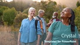  Presentation with hiking - Presentation with group-of-senior-friends-enjoying background and a ocean colored foreground