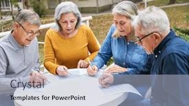  Presentation with home garden - Presentation design featuring group-of-senior-friends-solving background and a light blue colored foreground