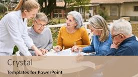  Presentation with home garden - Presentation theme featuring group-of-senior-friends-solving background and a coral colored foreground