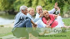  Presentation with big group people - Slide set enhanced with 60 years - group of senior people making background and a seafoam green colored foreground