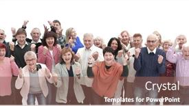  Presentation with group - Audience pleasing presentation theme consisting of group-of-senior-people-raising backdrop and a coral colored foreground