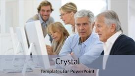  Presentation with business training - Cool new PPT theme with group of senior people in business training class backdrop and a light blue colored foreground