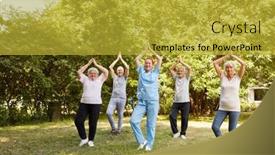  Presentation with trainer - PPT theme having group-of-seniors-and-trainer background and a gold colored foreground
