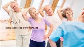  Presentation with health wellness - PPT theme having group of seniors doing healthy stretching as an exercise for wellness and health background and a lemonade colored foreground