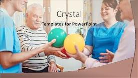  Presentation with gymnastics - PPT theme having group of seniors doing sport and gymnastics with balls in the pensioners home background and a lemonade colored foreground