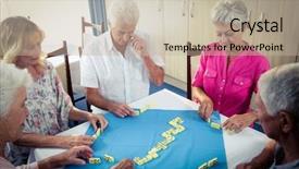 Presentation with seniors - Slide deck enhanced with group of seniors playing dominoes in the retirement house background and a mint green colored foreground