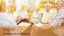  Presentation with group discussion - Cool new slides with group-of-seniors-talks backdrop and a gold colored foreground
