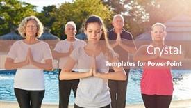  Presentation with exercise class - Slide deck having group of seniors together in the yoga class at the spa pool is doing an exercise background and a coral colored foreground